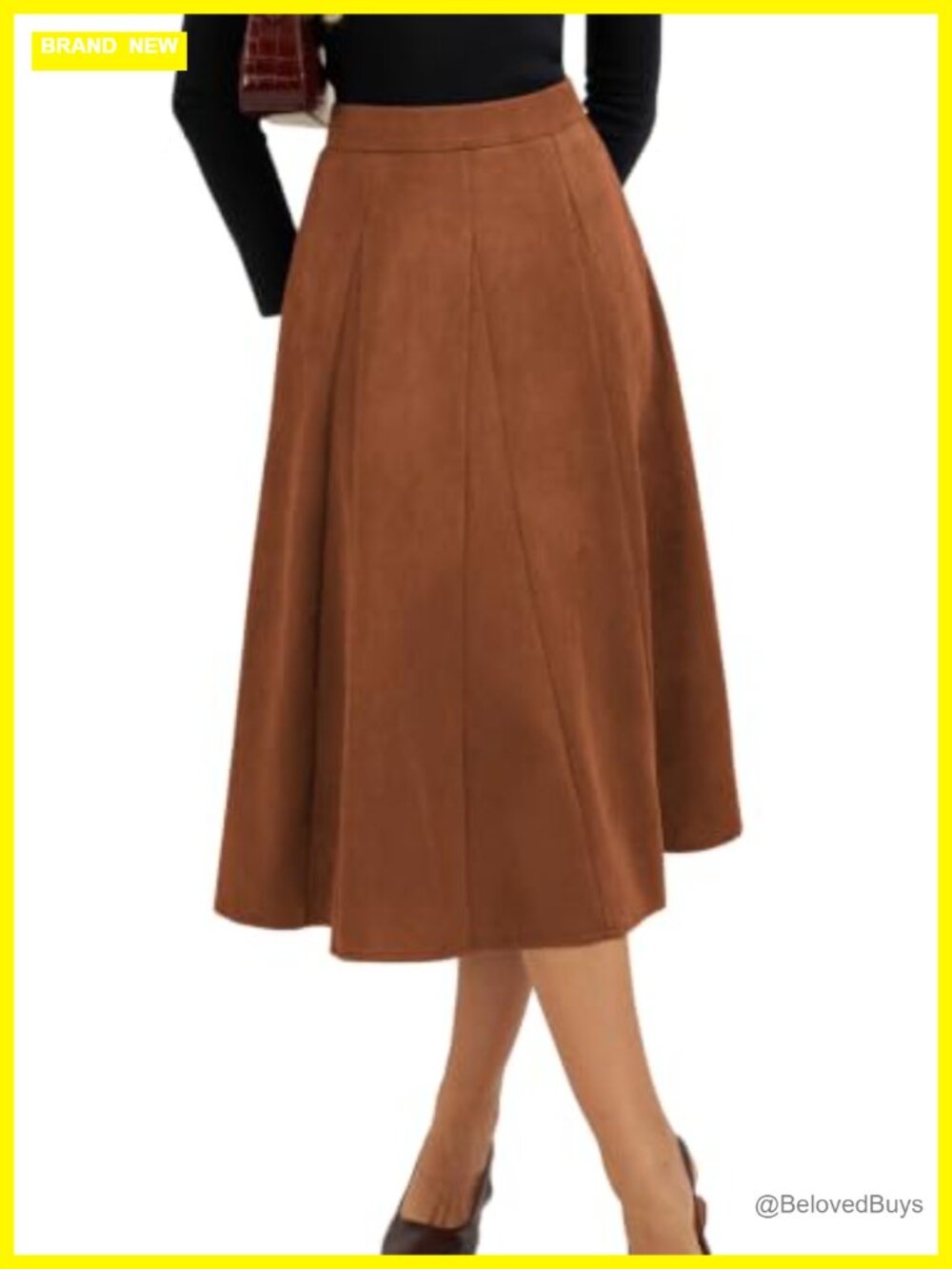 Faux Suede High Waisted A-Line Midi Skirt